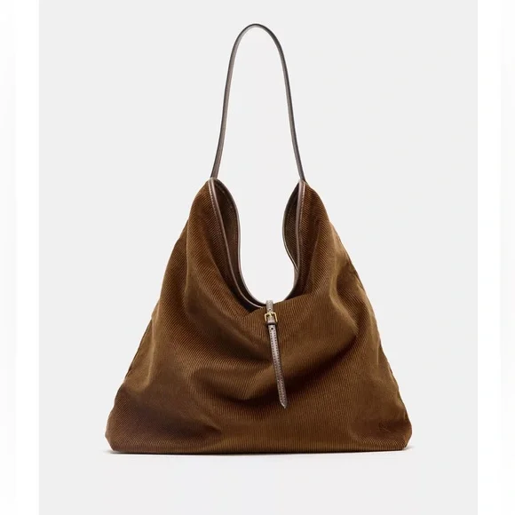 Zara Corduroy Effect Hobo Shoulder Tote Bag Brown NWT - Picture 1 of 7